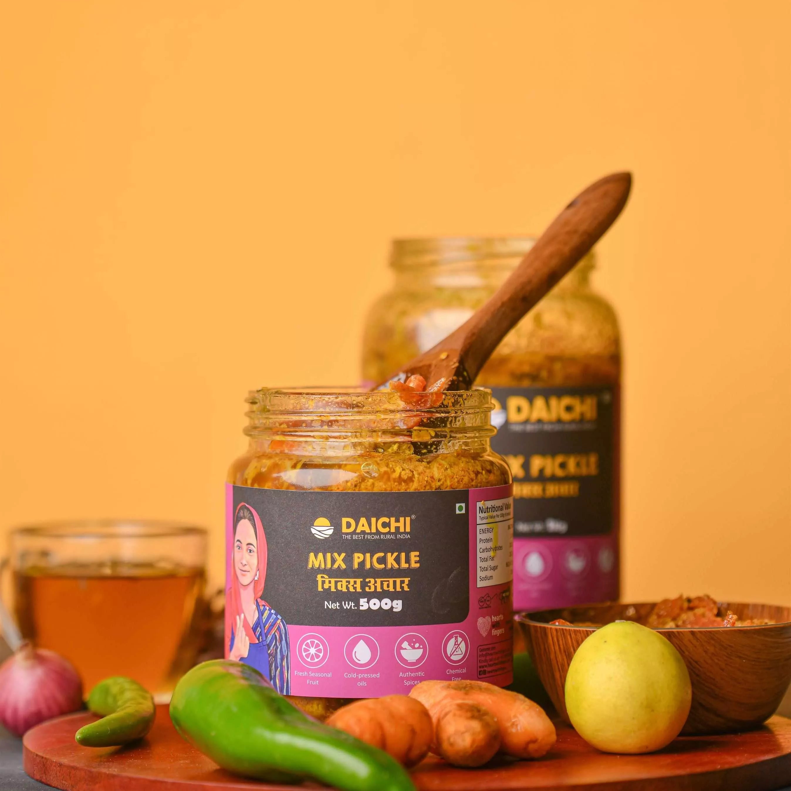 Daichi Mix Pickle | Crafted with Love by Women Artisans | Sun Cured | Cold-Pressed Mustard Oil | In-House Spices Daichi Mix Pickle | Crafted with Love by Women Artisans | Sun Cured | Cold-Pressed Mustard Oil | In-House Spices