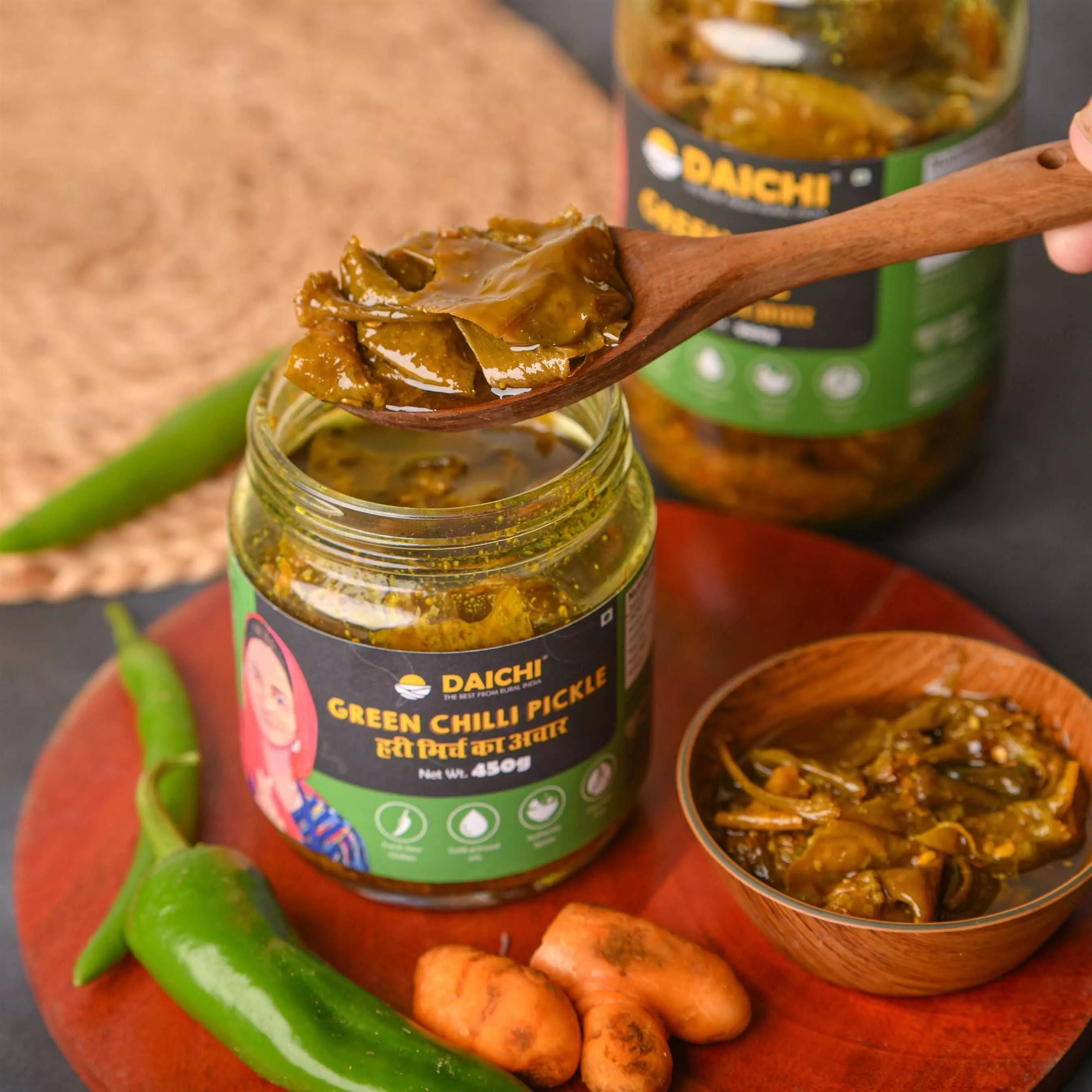 Daichi - Green Chilli Pickle | Crafted with love by women artisans | Sun cured | Cold-pressed mustard oil | In-house spices | No Preservatives Daichi - Green Chilli Pickle | Crafted with love by women artisans | Sun cured | Cold-pressed mustard oil | In-house spices | No Preservatives