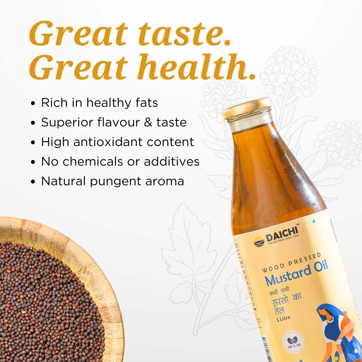 Daichi - Extra-Virgin Wood Pressed Mustard Oil | Glass bottle 1000 ml x 2 Daichi - Extra-Virgin Wood Pressed Mustard Oil | Glass bottle 1000 ml x 2