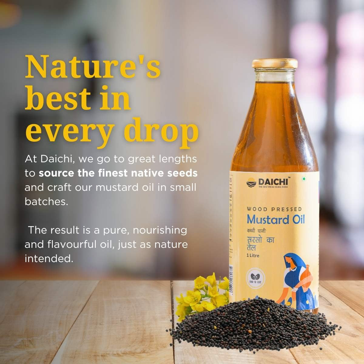 Daichi - Extra-Virgin Wood Pressed Mustard Oil | Glass bottle 1000 ml x 2 Daichi - Extra-Virgin Wood Pressed Mustard Oil | Glass bottle 1000 ml x 2