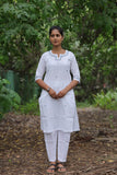 White Cotton Linen Blend Embroidered Kurta Set with Pants