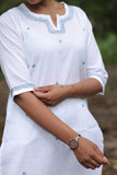 White Cotton Linen Blend Embroidered Kurta Set with Pants