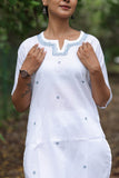 White Cotton Linen Blend Embroidered Kurta Set with Pants