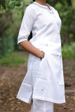 White Cotton Linen Blend Embroidered Kurta Set with Pants