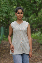 Printed Cotton Sleeveless Kurti – Grey