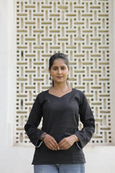 Women’s Black Cotton Slub V-Neck Full-Sleeve Top