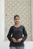 Women’s Black Cotton Slub V-Neck Full-Sleeve Top