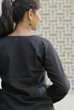 Women’s Black Cotton Slub V-Neck Full-Sleeve Top