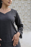 Women’s Black Cotton Slub V-Neck Full-Sleeve Top