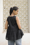 Women’s Black Cotton Slub Sleeveless Flared Top