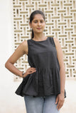 Women’s Black Cotton Slub Sleeveless Flared Top