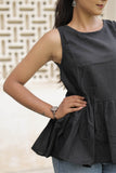 Women’s Black Cotton Slub Sleeveless Flared Top
