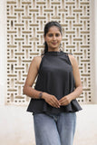 Black Cotton Slub Tie-Up Peplum Top