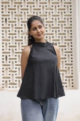 Black Cotton Slub Tie-Up Peplum Top