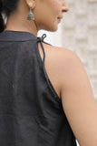 Black Cotton Slub Tie-Up Peplum Top