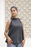 Black Cotton Slub Tie-Up Peplum Top