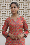 Coral Red Printed Cotton Straight Kurti