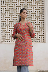 Coral Red Printed Cotton Straight Kurti