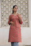 Coral Red Printed Cotton Straight Kurti