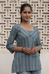Blue Printed Cotton Flared Top