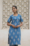 Blue Printed Cotton Straight Kurti