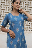 Blue Printed Cotton Straight Kurti