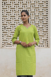 Lime Green Cotton Slub Embroidered Straight Kurta