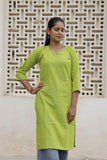 Lime Green Cotton Slub Embroidered Straight Kurta