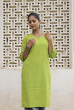Lime Green Cotton Slub Embroidered Straight Kurta