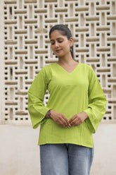 Lime Green Cotton Slub Flared Top