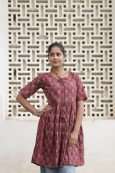 Mauve Floral Printed Pure Cotton Flared Kurti