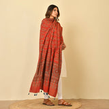 Coral Red Ajrakh Paisley Block Print Cotton Dupatta
