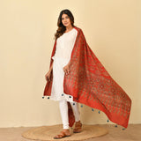 Coral Red Ajrakh Paisley Block Print Cotton Dupatta