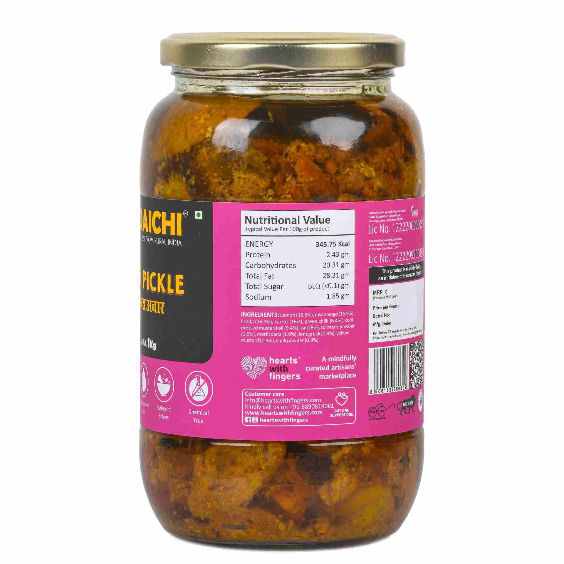 Daichi Mix Pickle | Crafted with Love by Women Artisans | Sun Cured | Cold-Pressed Mustard Oil | In-House Spices Daichi Mix Pickle | Crafted with Love by Women Artisans | Sun Cured | Cold-Pressed Mustard Oil | In-House Spices