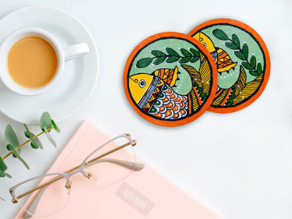 Madhubani Hand Painted Coasters | Set of 4 | Red | Madhubani Painting Coaster