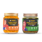 Homemade Achar Combo Saver Pack | Garlic + Green Chilli | Cured in Cold-pressed Mustard Oil | No Preservatives