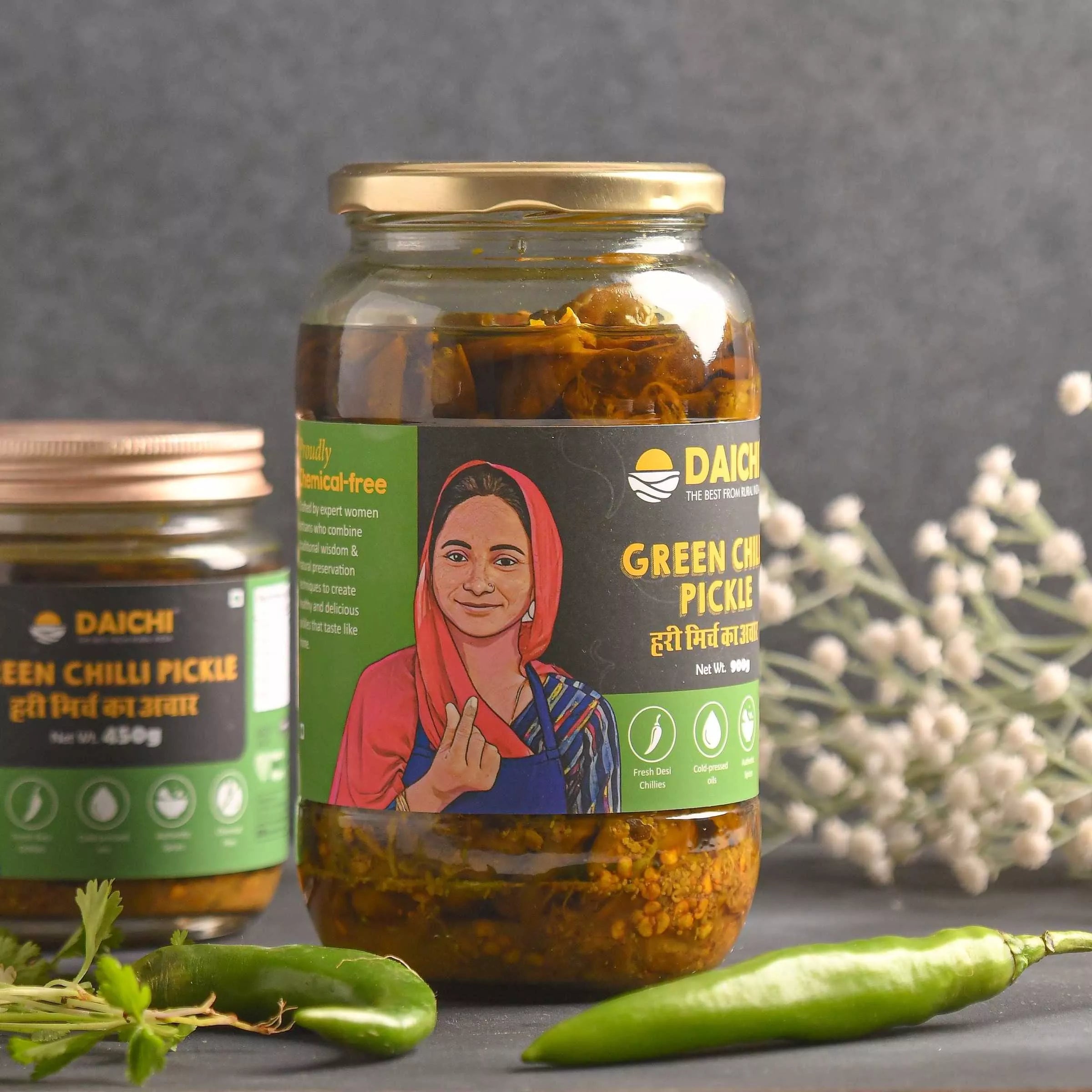 Daichi - Green Chilli Pickle | Crafted with love by women artisans | Sun cured | Cold-pressed mustard oil | In-house spices | No Preservatives