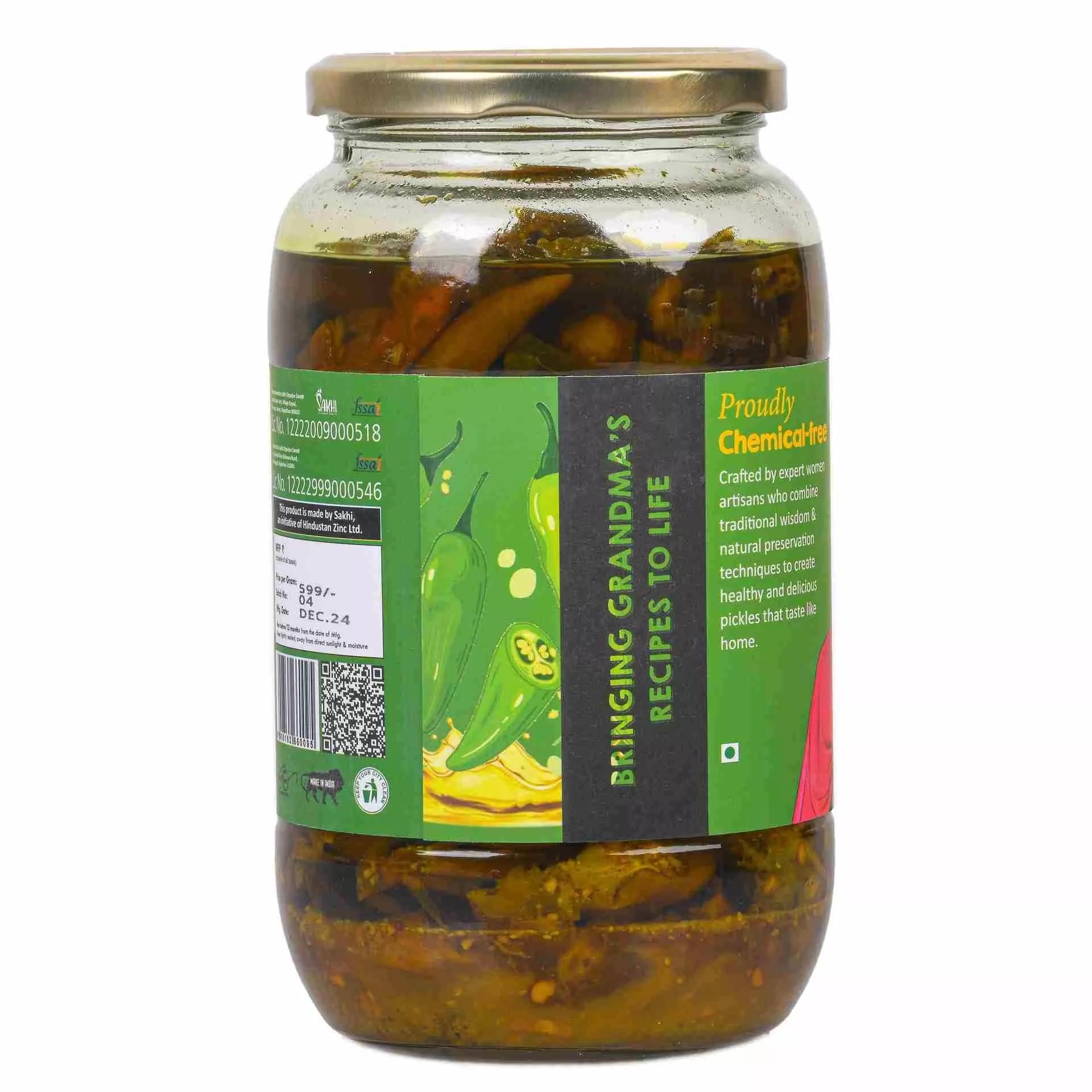 Daichi - Green Chilli Pickle | Crafted with love by women artisans | Sun cured | Cold-pressed mustard oil | In-house spices | No Preservatives
