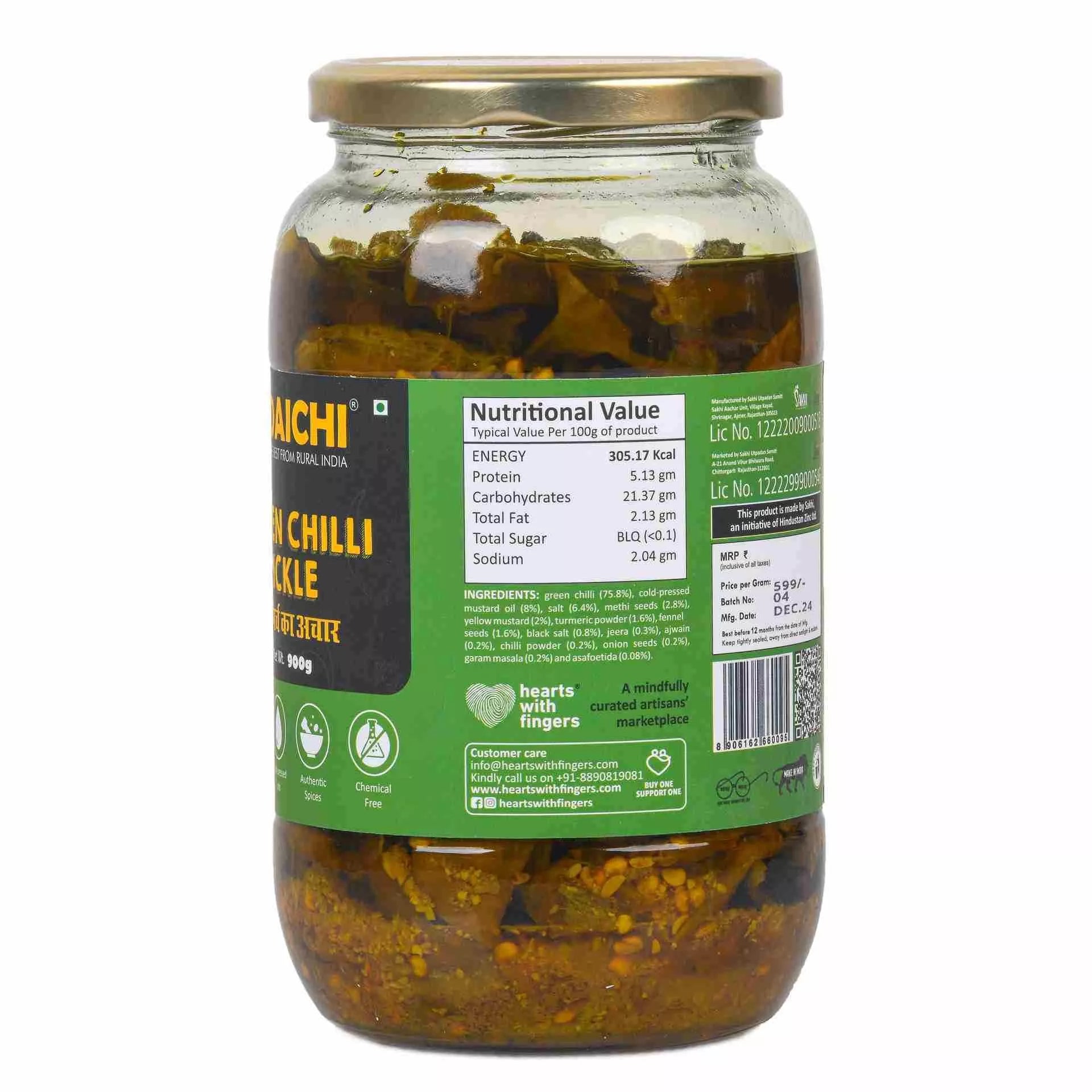 Daichi - Green Chilli Pickle | Crafted with love by women artisans | Sun cured | Cold-pressed mustard oil | In-house spices | No Preservatives