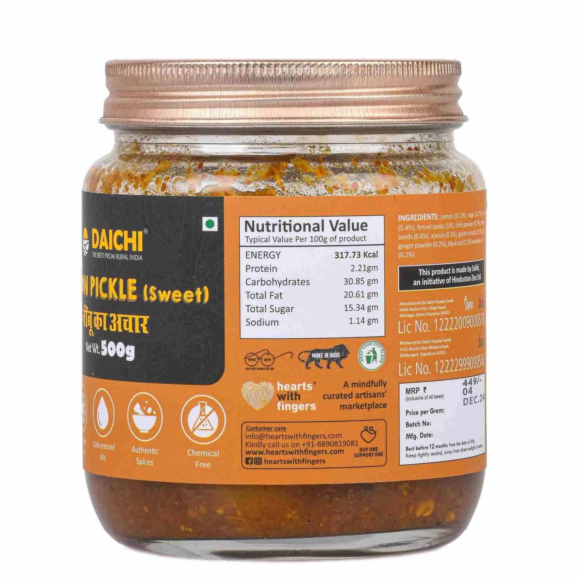 Daichi Sweet Lemon Pickle | Traditional Taste, Cold-Pressed Oil & Natural