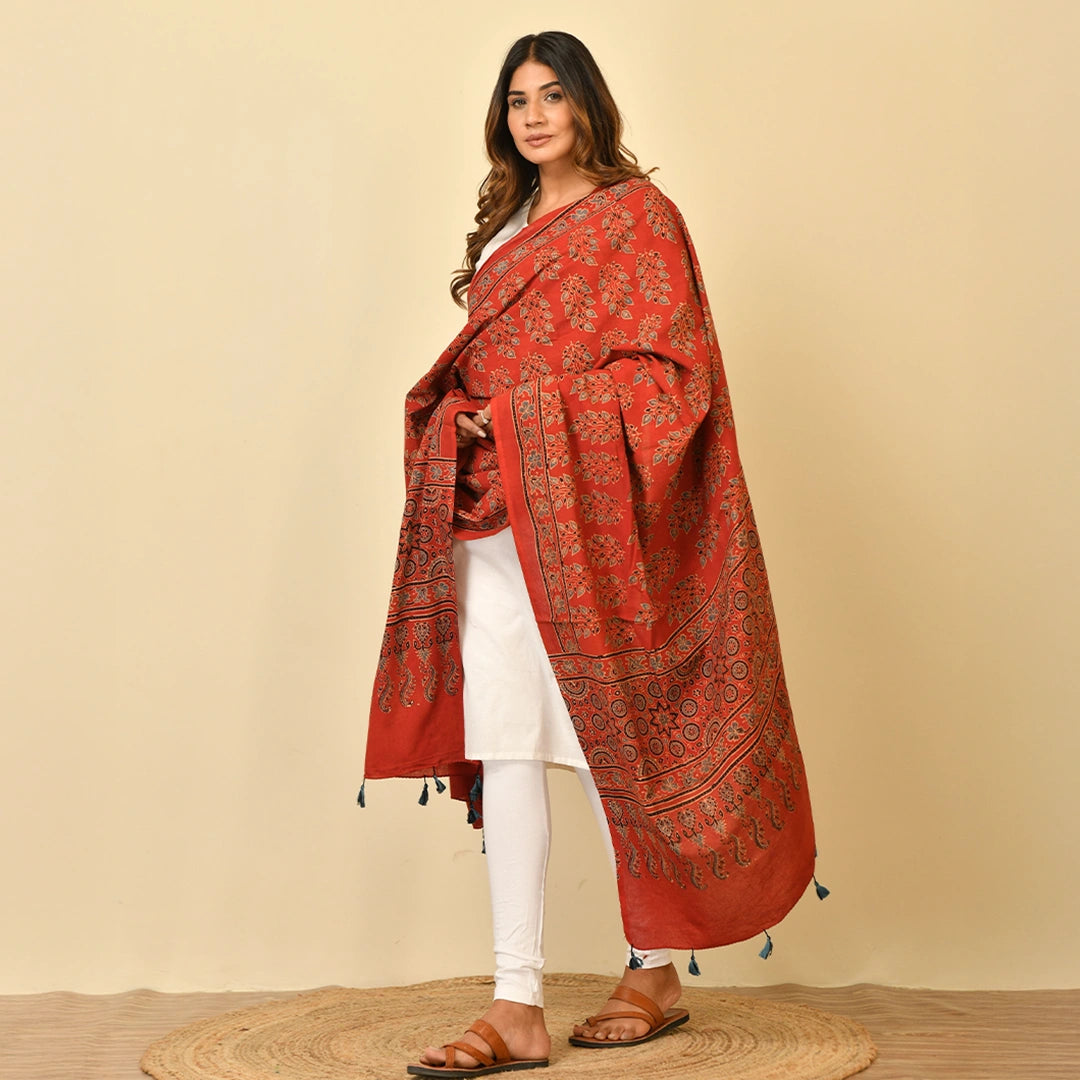 Coral Red Ajrakh Paisley Block Print Cotton Dupatta