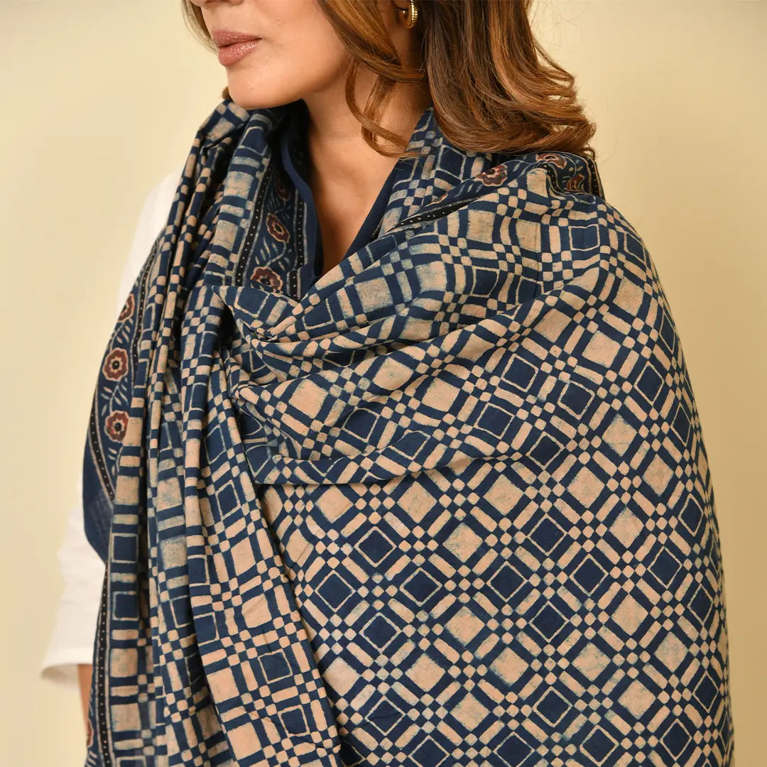 Indigo Ajrakh Cotton Dupatta