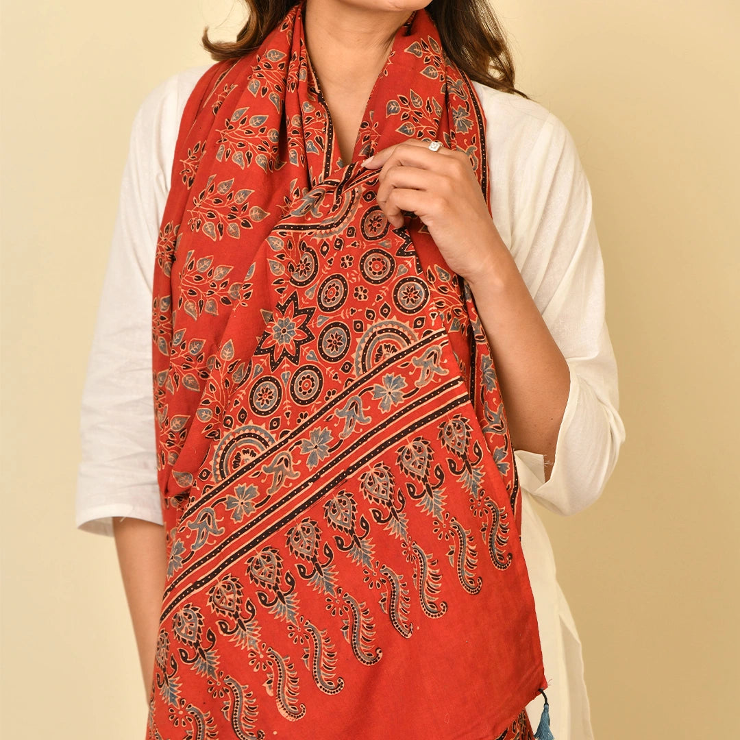 Coral Red Ajrakh Paisley Block Print Cotton Dupatta