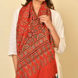Coral Red Ajrakh Paisley Block Print Cotton Dupatta