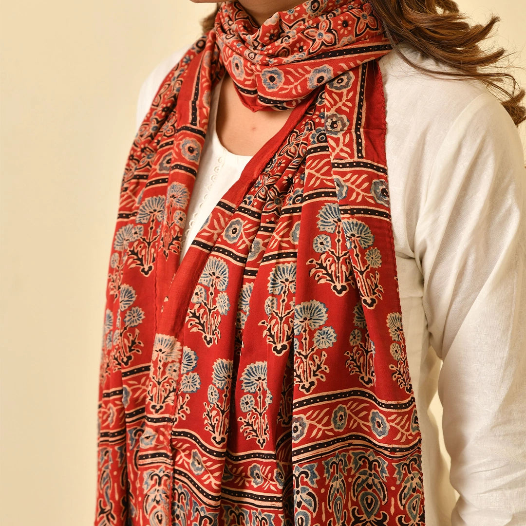 Coral Red Ajrakh Paisley Border Stole