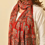 Coral Red Ajrakh Paisley Border Stole