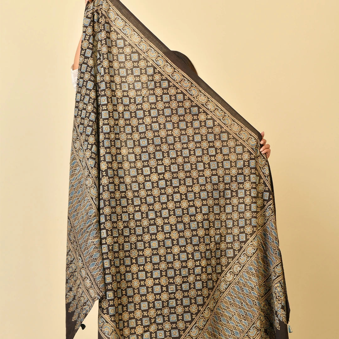 Traditional Ajrakh Block Print Dupatta with Tassels