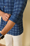 Mandarin collar full sleeves shirt in natural Bagru print with pocket and wooden buttons.