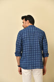 Mandarin collar full sleeves shirt in natural Bagru print with pocket and wooden buttons.