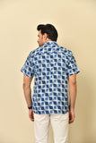 Classic collar half sleeves shirt in natural Bagru print with wooden buttons.
